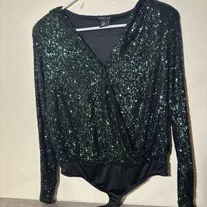 Rachel Zoe Sequin Bodysuit - Black and Green